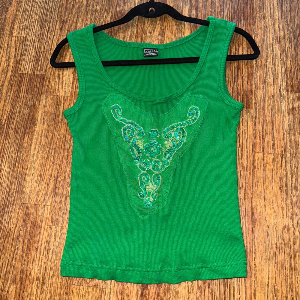 Voice Tank Top Beaded Ribbed Y2K Green Mesh Appliqué Fairycore M